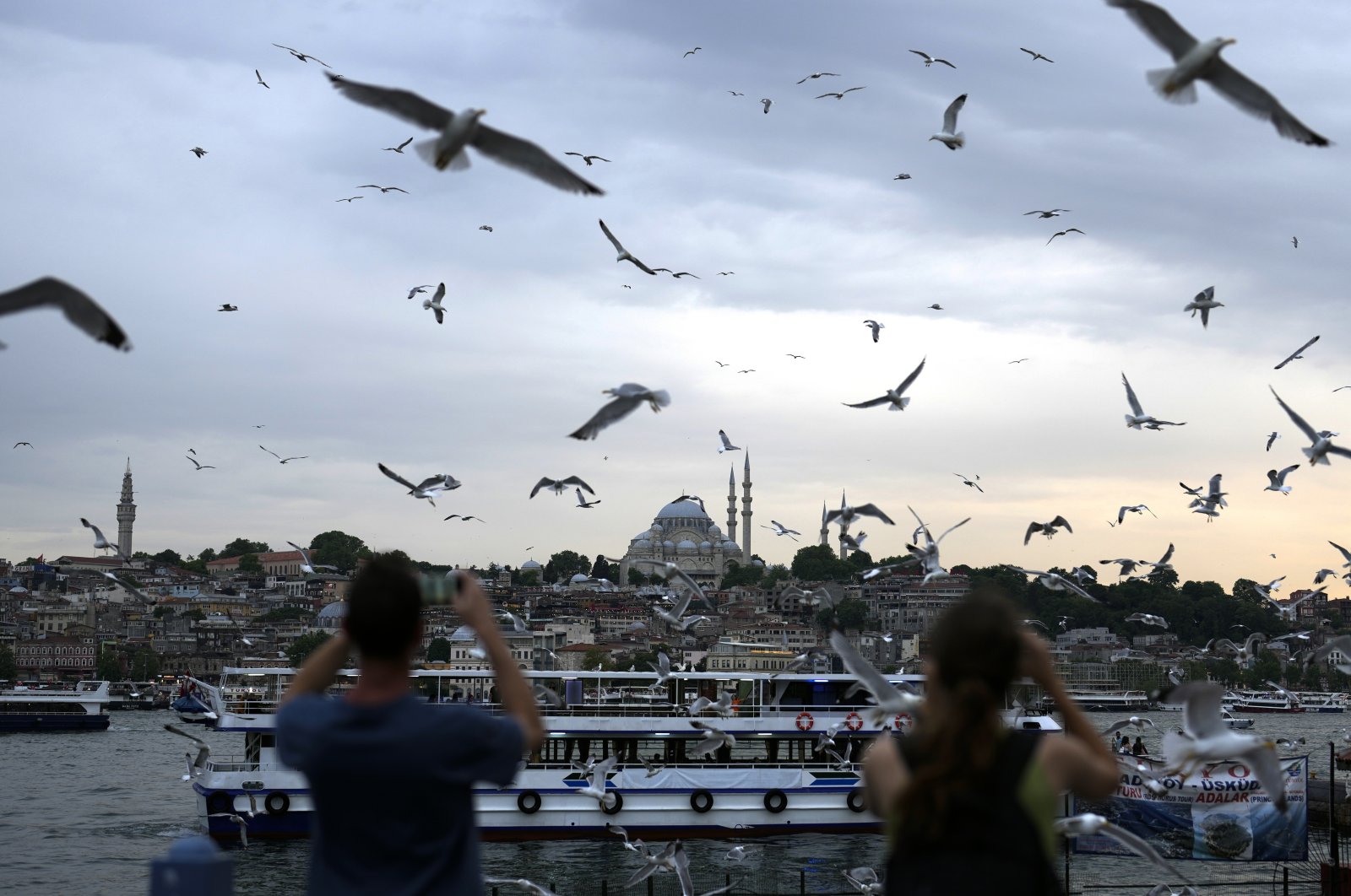People photograph seagulls as they fly over the Galata Bridge in Istanbul, Türkiye, June 20, 2023.(AP Photo)