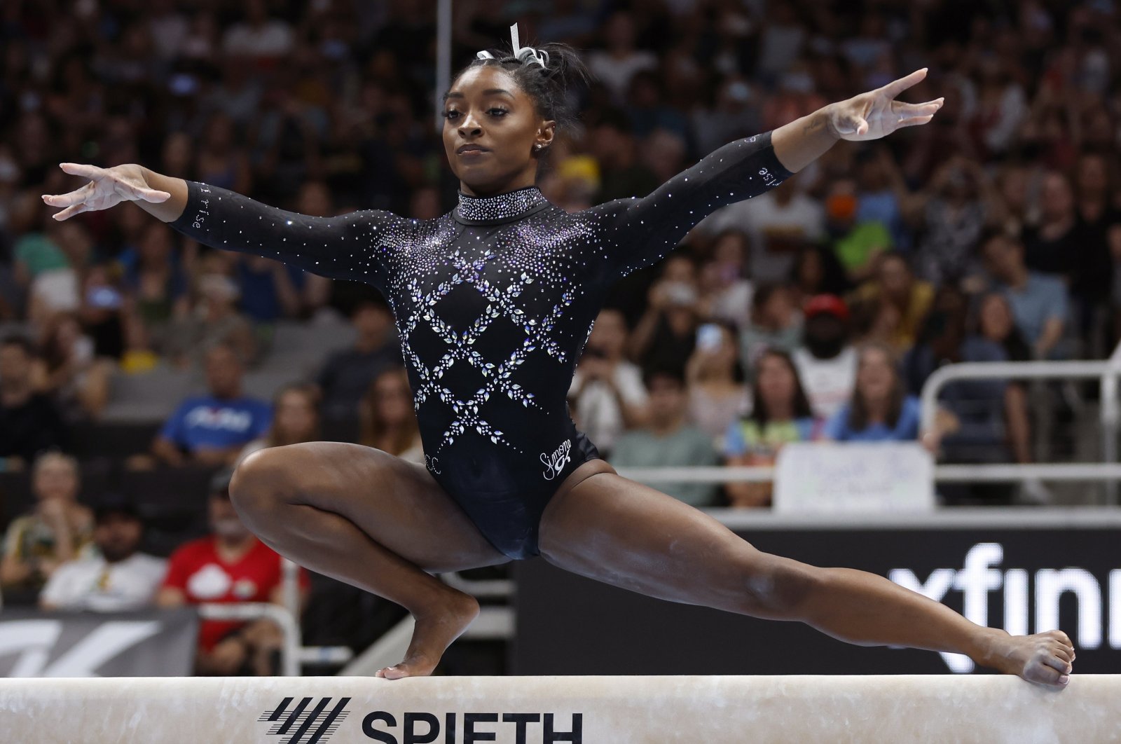 Simone Biles in action on the beam during the US Gymnastics Championships Women&#039;s Day 2 at SAP Center, San Jose, California, U.S., Aug. 27, 2023. (EPA Photo)