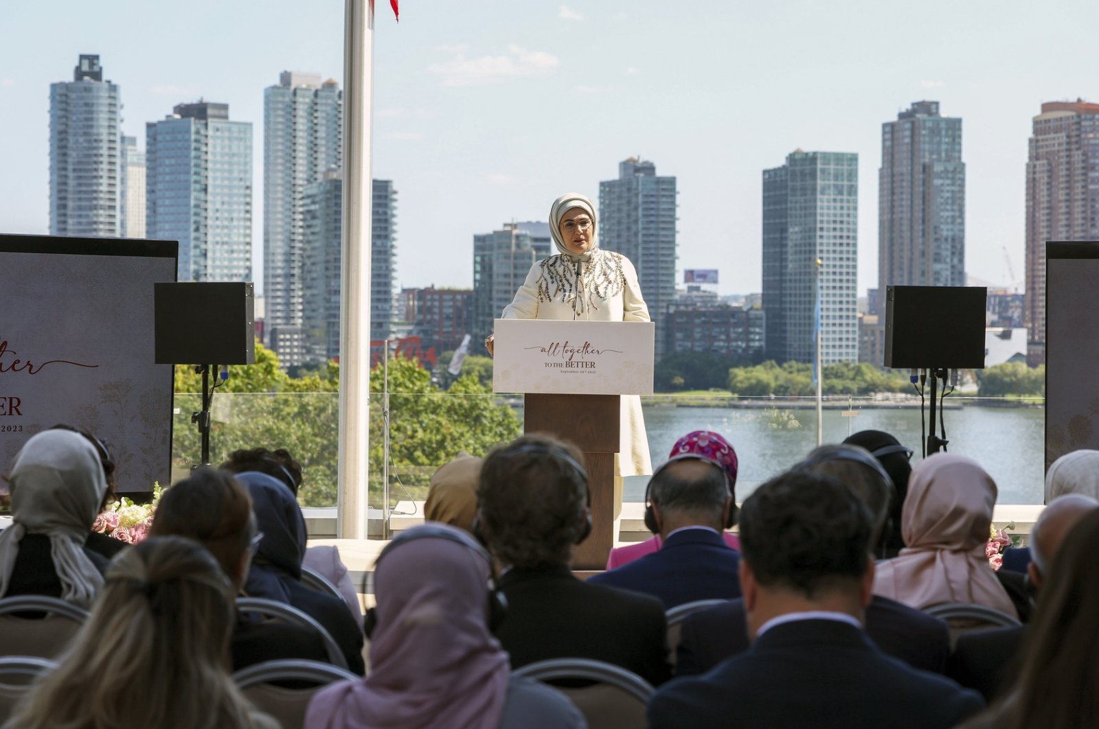 Turkish first lady Emine Erdoğan speaks at the &quot;All Together, to the Better&quot; event in New Yok, U.S., Sept. 20, 2023. (DHA Photo)