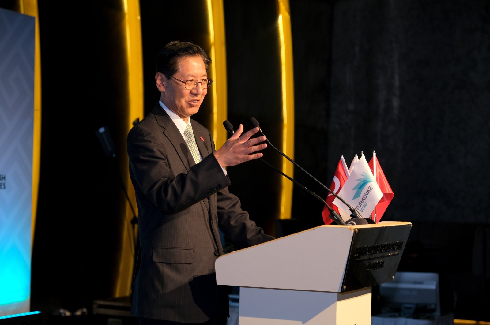 Ambassador of the People&#039;s Republic of China to Ankara Liu Shaobin delivers a speech at the 4th Türkiye- China Communication Forum, Istanbul, Türkiye, Sept. 20, 2023. (Courtesy of Turkuvaz Media)