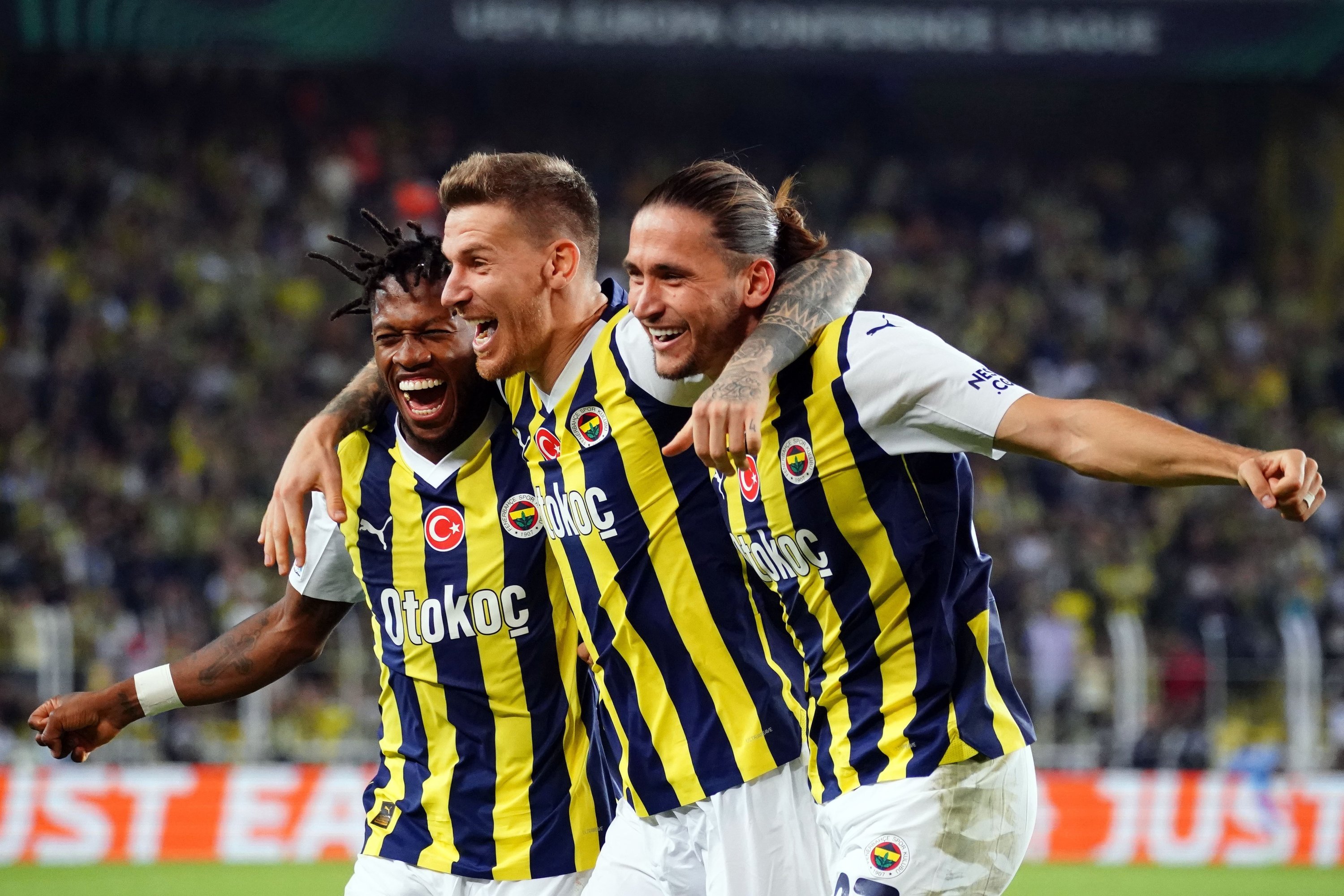 Fenerbahçe players celebrate after Serdar Aziz's goal against Danish side Nordsjaelland during the UEFA Europa Conference League, Istanbul, Türkiye, Sept. 21, 2023. (IHA Photo)