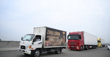 Trucks carry humanitarian aid in Aghdam, Azerbaijan, Sept. 22, 2023. (AA Photo)