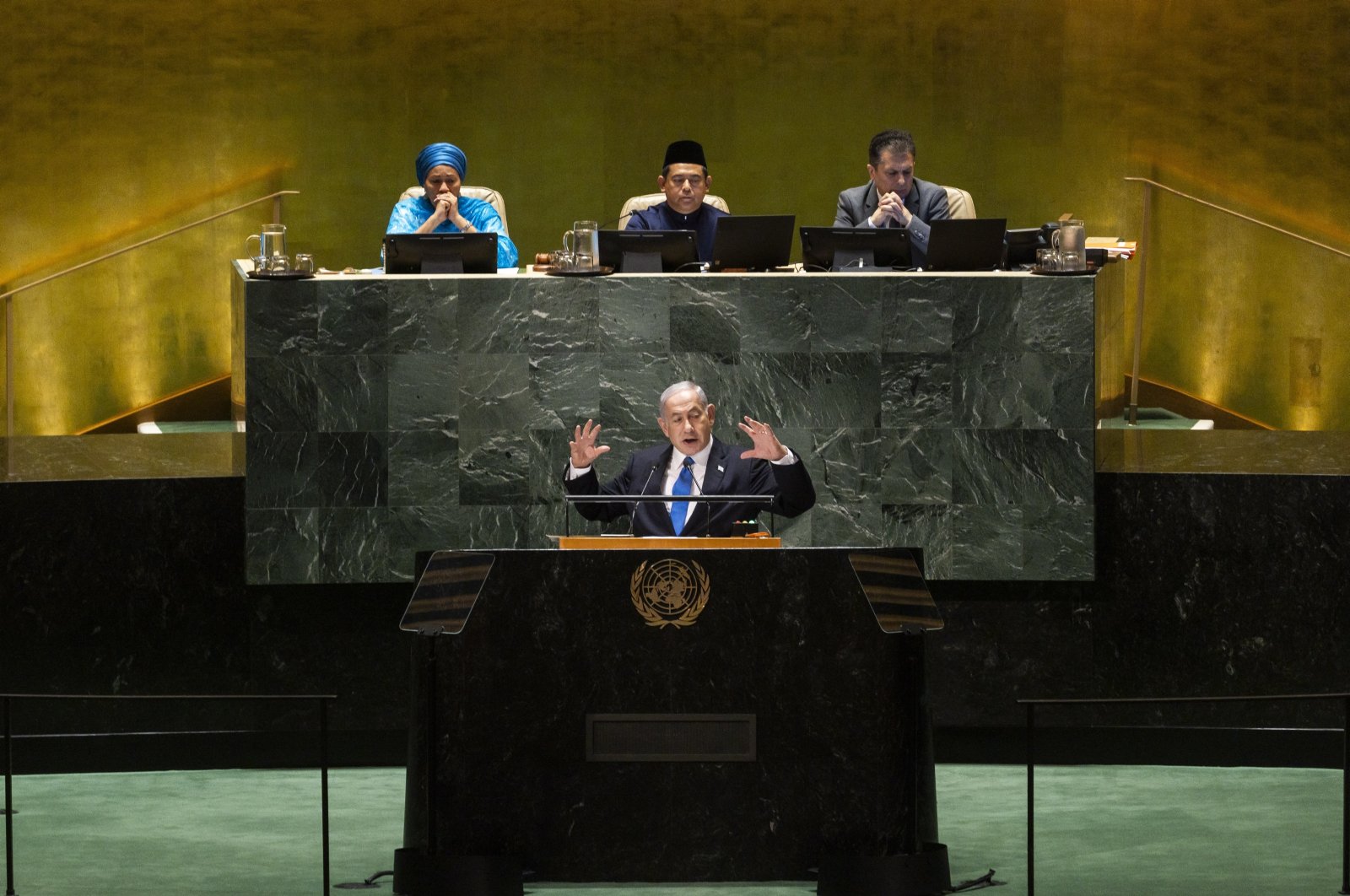 Israel&#039;s Prime Minister Benjamin Netanyahu addresses the 78th session of the United Nations General Assembly at United Nations Headquarters in New York, Sept. 22, 2023.  (EPA Photo)