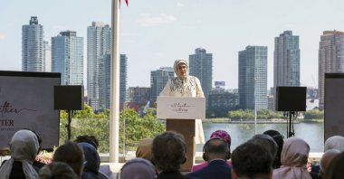 First lady Emine Erdoğan addresses an audience consisting of her counterparts and representatives of global institutions at the Turkish House in New York, Sept. 20, 2023. (AA Photo)