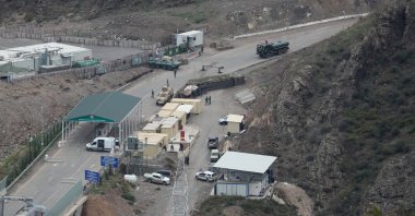 A view shows a border-crossing point on the frontier between Armenia and Azerbaijan and a base of Russian peacekeepers deployed in Karabakh as seen from a road near the village of Kornidzor, Armenia, Sept. 23, 2023. (Reuters Photo)