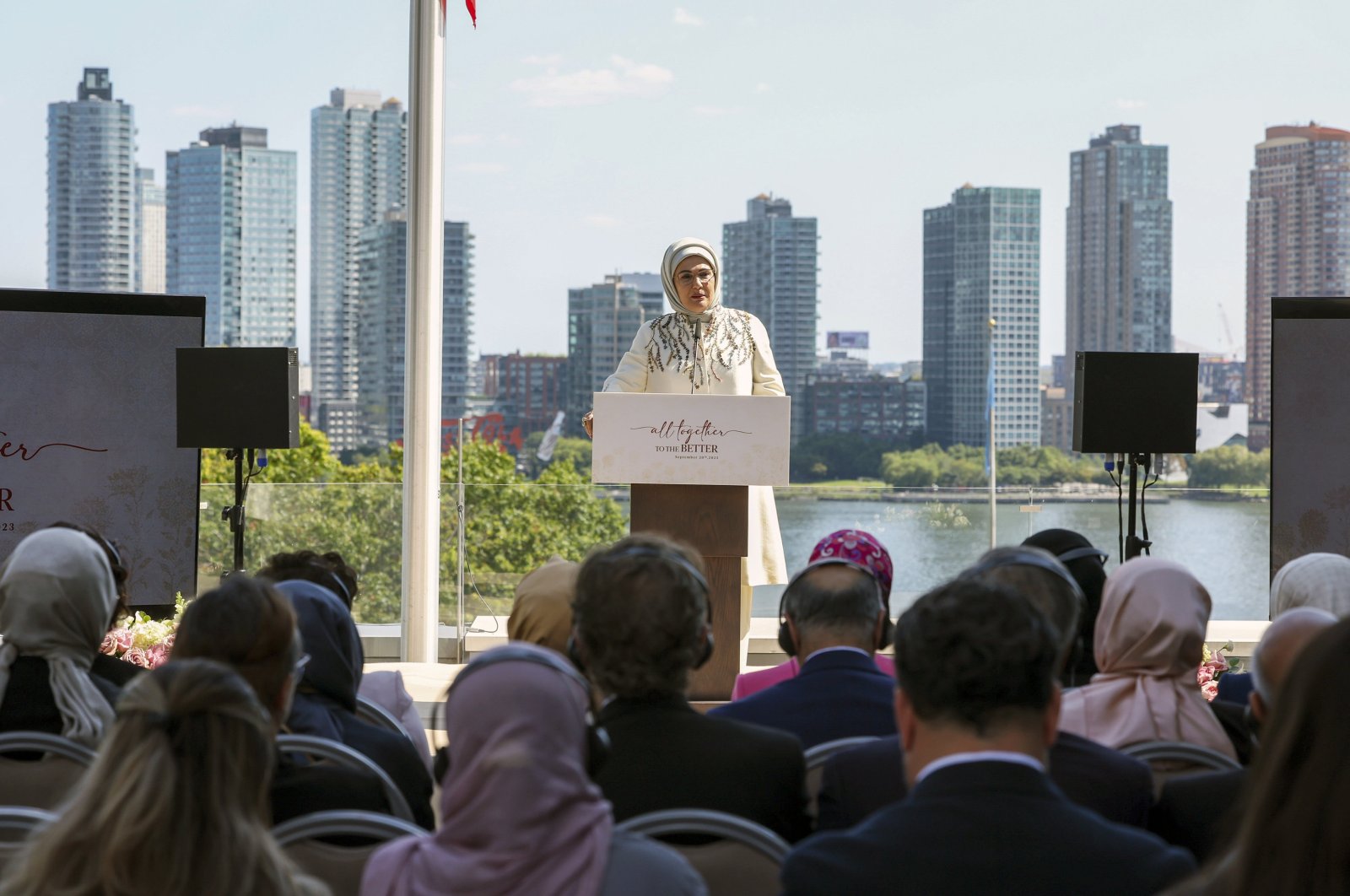 First lady Emine Erdoğan addresses an audience consisting of her counterparts and representatives of global institutions at the Turkish House in New York, Sept. 20, 2023. (AA Photo)