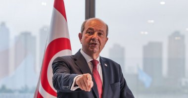 President of the Turkish Republic of Northern Cyprus (TRNC) Ersin Tatar talks to reporters on the sidelines of the 78th United Nations General Assembly at the Turkısh House, in New York, U.S., Sept. 23, 2023. (AA Photo)