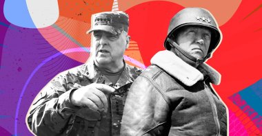 The illustration shows U.S. Joint Chiefs of Staff General Mark Milley (L) and George Smith Patton Jr., a general in the U.S. Army who commanded the Seventh United States Army in the World War II. (Illustration by Büşra Öztürk)