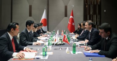 Energy and Natural Resources Minister Alparslan Bayraktar (C-R) meets with Japan's Minister of Economy, Trade and Industry, Nishimura Yasutoshi, Istanbul, Türkiye, Sept. 5, 2023. (AA Photo)