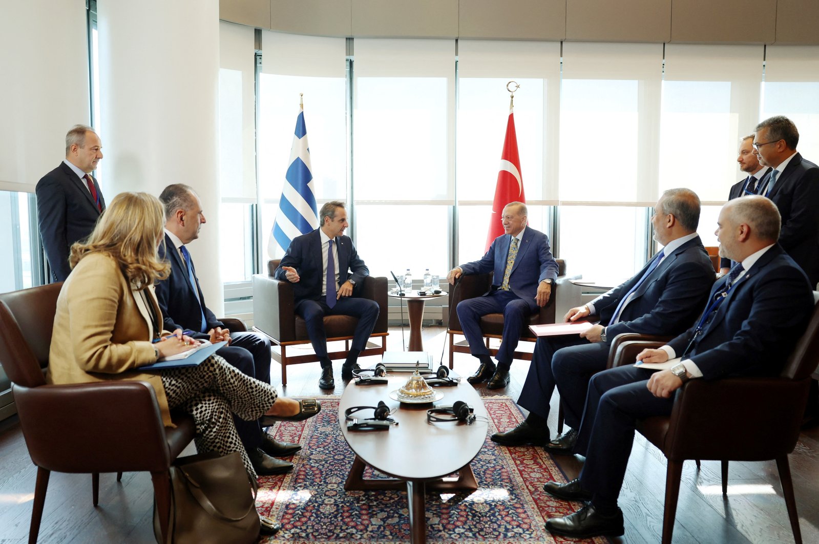 President Recep Tayyip Erdoğan meets with Greek Prime Minister Kyriakos Mitsotakis in New York, U.S., Sept. 20, 2023. (Reuters Photo)