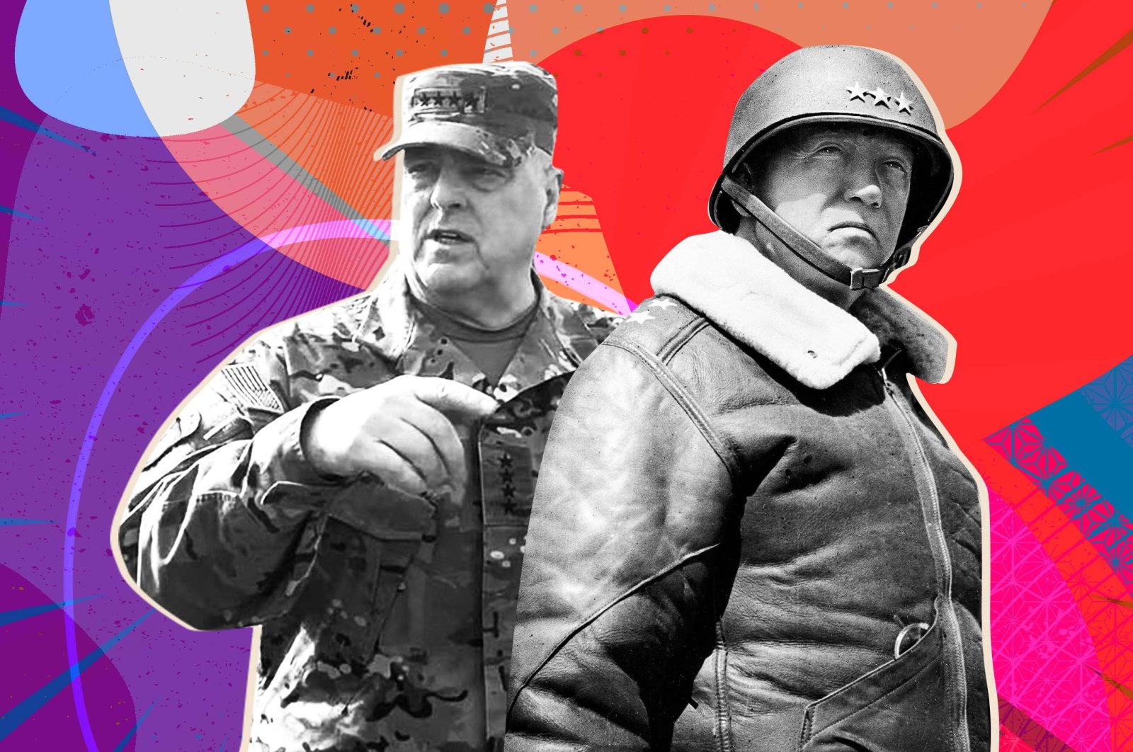 The illustration shows U.S. Joint Chiefs of Staff General Mark Milley (L) and George Smith Patton Jr., a general in the U.S. Army who commanded the Seventh United States Army in the World War II. (Illustration by Büşra Öztürk)