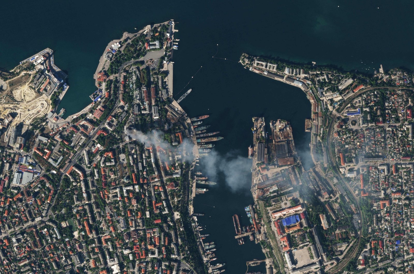 This satellite image shows an aerial view of the city of Sevastopol after a missile attack struck the headquarters of Moscow&#039;s Black Sea fleet, annexed Crimea, Ukraine, Sept. 22, 2023.