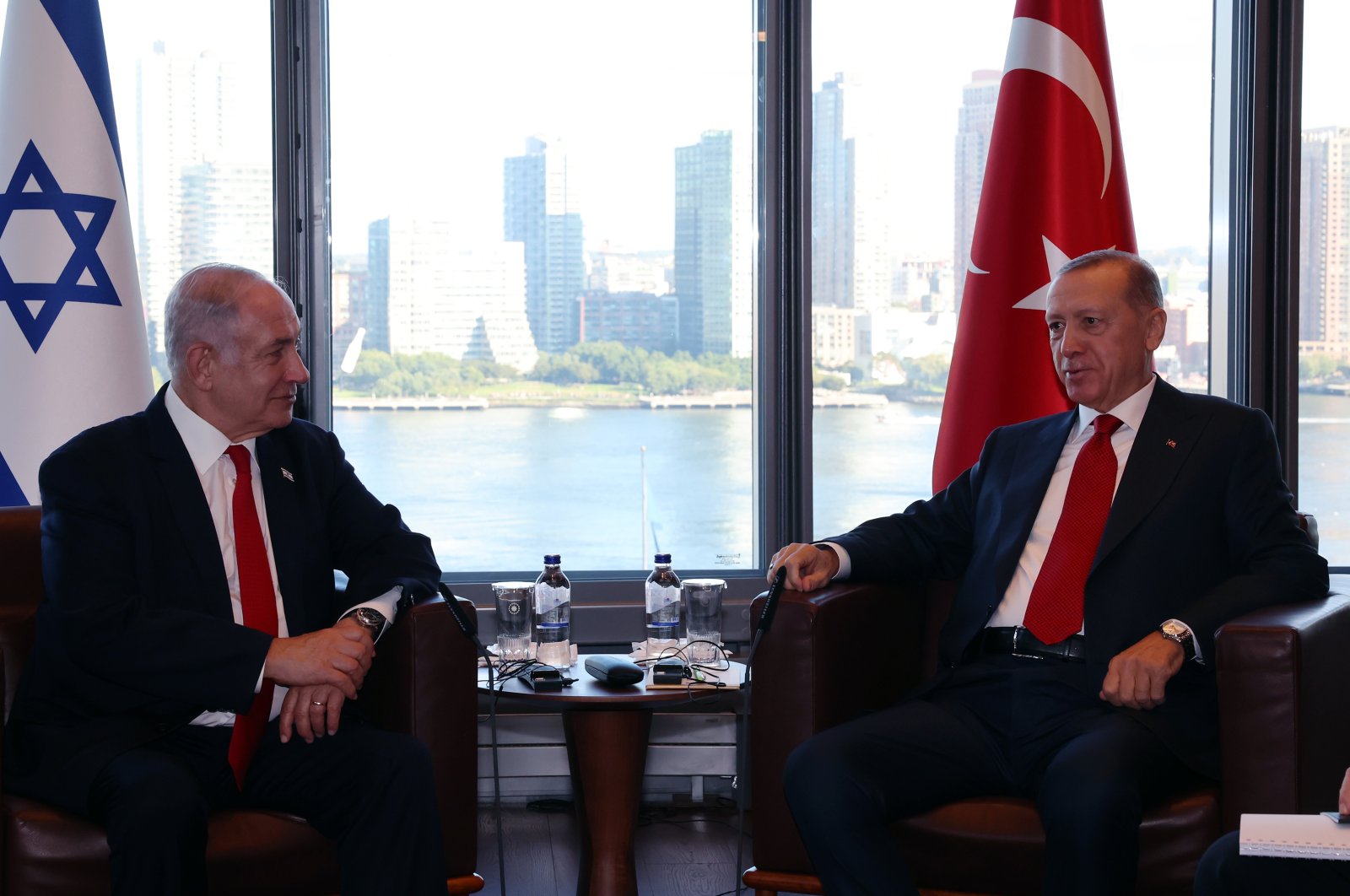 President Recep Tayyip Erdoğan receives Israeli Prime Minister Benjamin Netanyahu (L) at the Turkish House (Türkevi) during a U.S. visit for the 78th session of the United Nations General Assembly, New York, U.S., Sept. 19, 2023. (AA Photo)