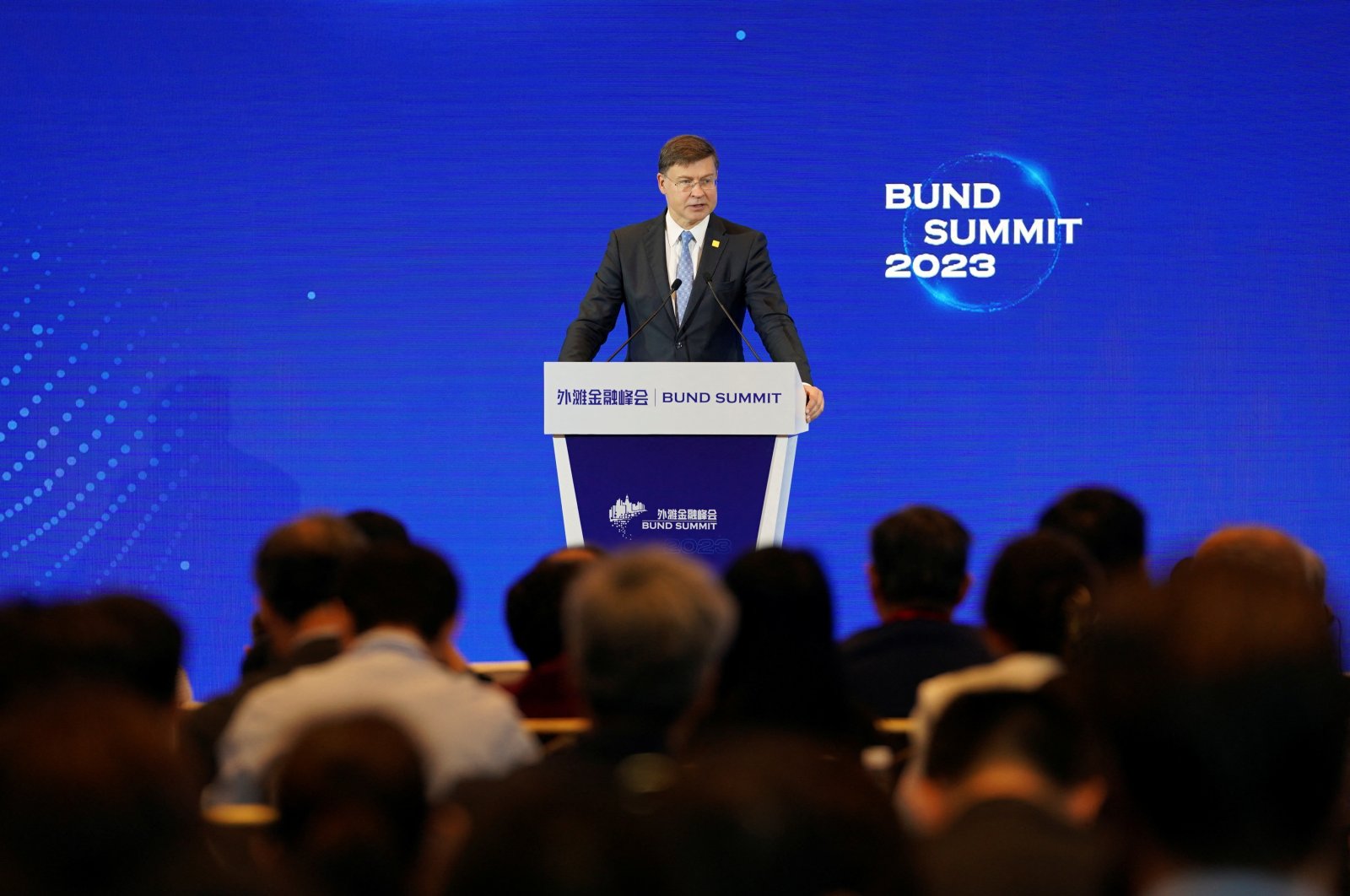 European Commission Executive Vice President Valdis Dombrovskis speaks at the Bund Summit in Shanghai, China Sept. 23, 2023. (Reuters Photo)