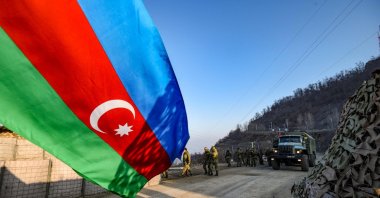 Russian peacekeepers are seen deployed at the Lachin corridor in Karabakh, as Azerbaijani environmental activists protest illegal mining, Azerbaijan, Dec. 26, 2022. (AFP Photo)