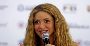 Colombian singer Shakira speaks during the inauguration of the Nuevo Bosque Pies Descalzos District Educational Institution, Barranquilla, Colombia, Sept. 16, 2023. (EPA Photo)