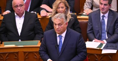 Prime Minister Viktor Orban answers to the opposition members at the main hall of the Hungarian parliament as delegates open their parliamentary season, in Budapest, Hungary on Sept. 25, 2023. (AFP Photo)