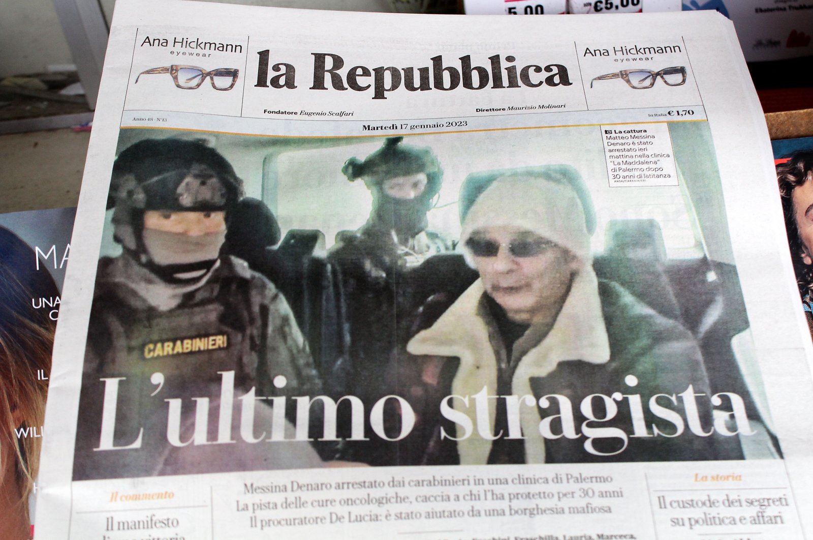 Italian newspapers with the news of fugitive Matteo Messina Denaro&#039;s arrest, Bari, Italy, Jan. 17, 2023.  