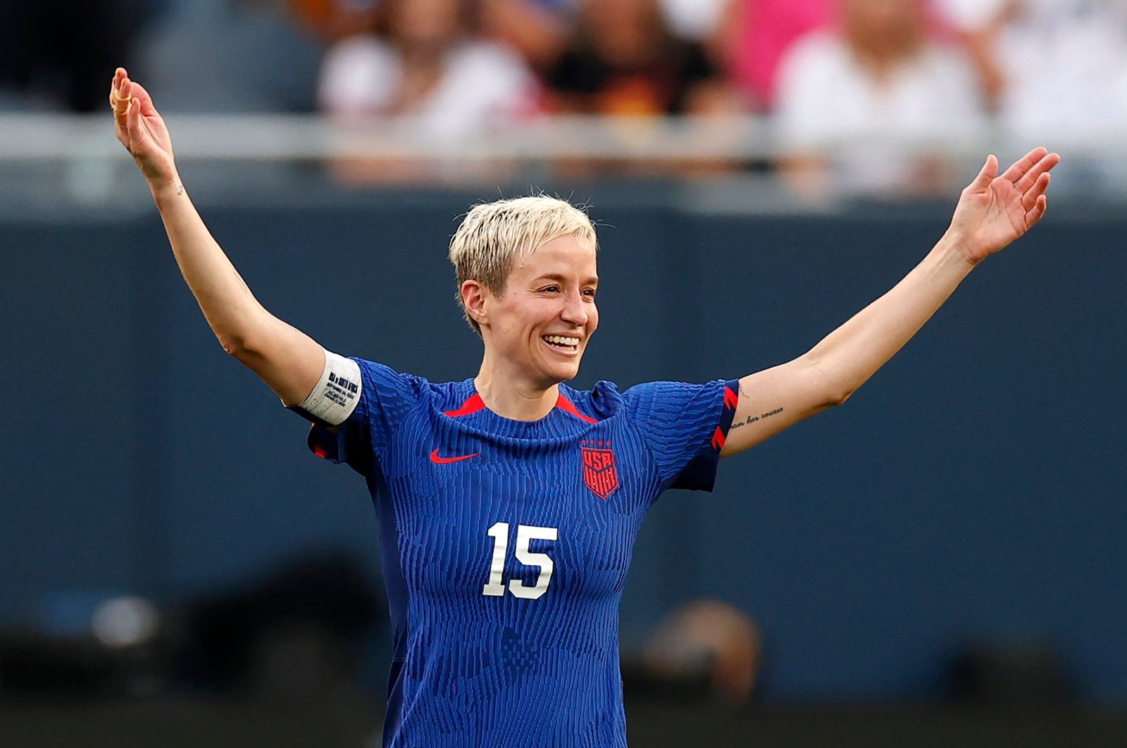 U.S. forward Megan Rapinoe celebrates her team&#039;s second goal scored by U.S defender Emily Sonnett during the women&#039;s international friendly football match between the United States and South Africa at Soldier Field, Chicago, U.S., Sept. 24, 2023. (AFP Photo)