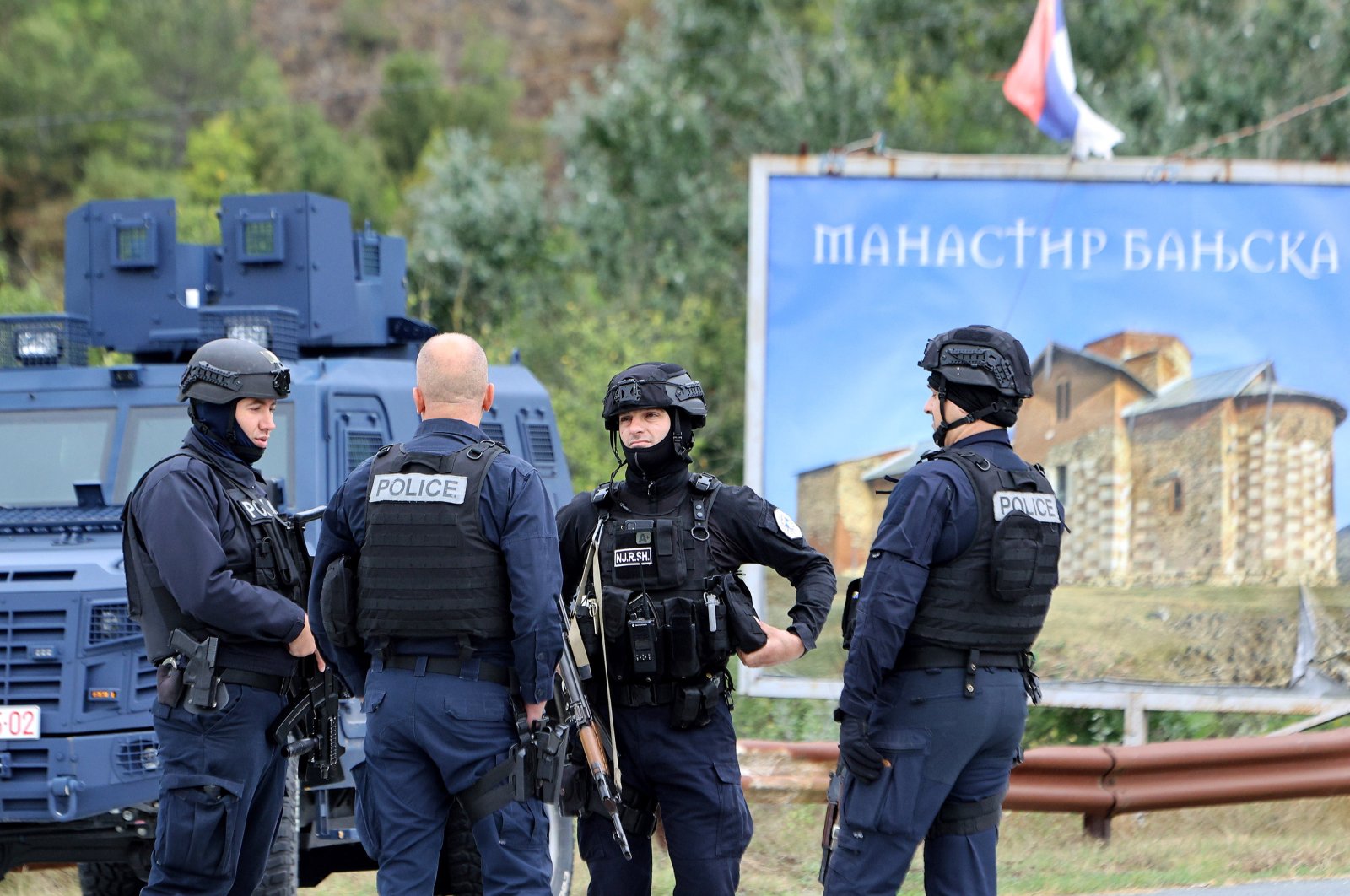 Armed Kosovo police officers control the road near the village of Banjska, Kosovo, Sept. 25, 2023. ()