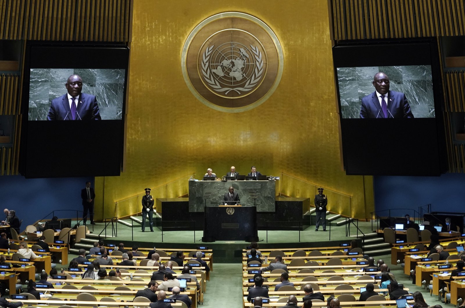 South Africa&#039;s President Matamela Cyril Ramaphosa addresses the 78th session of the United Nations General Assembly, New York, U.S., Sept. 19, 2023. (AP Photo)