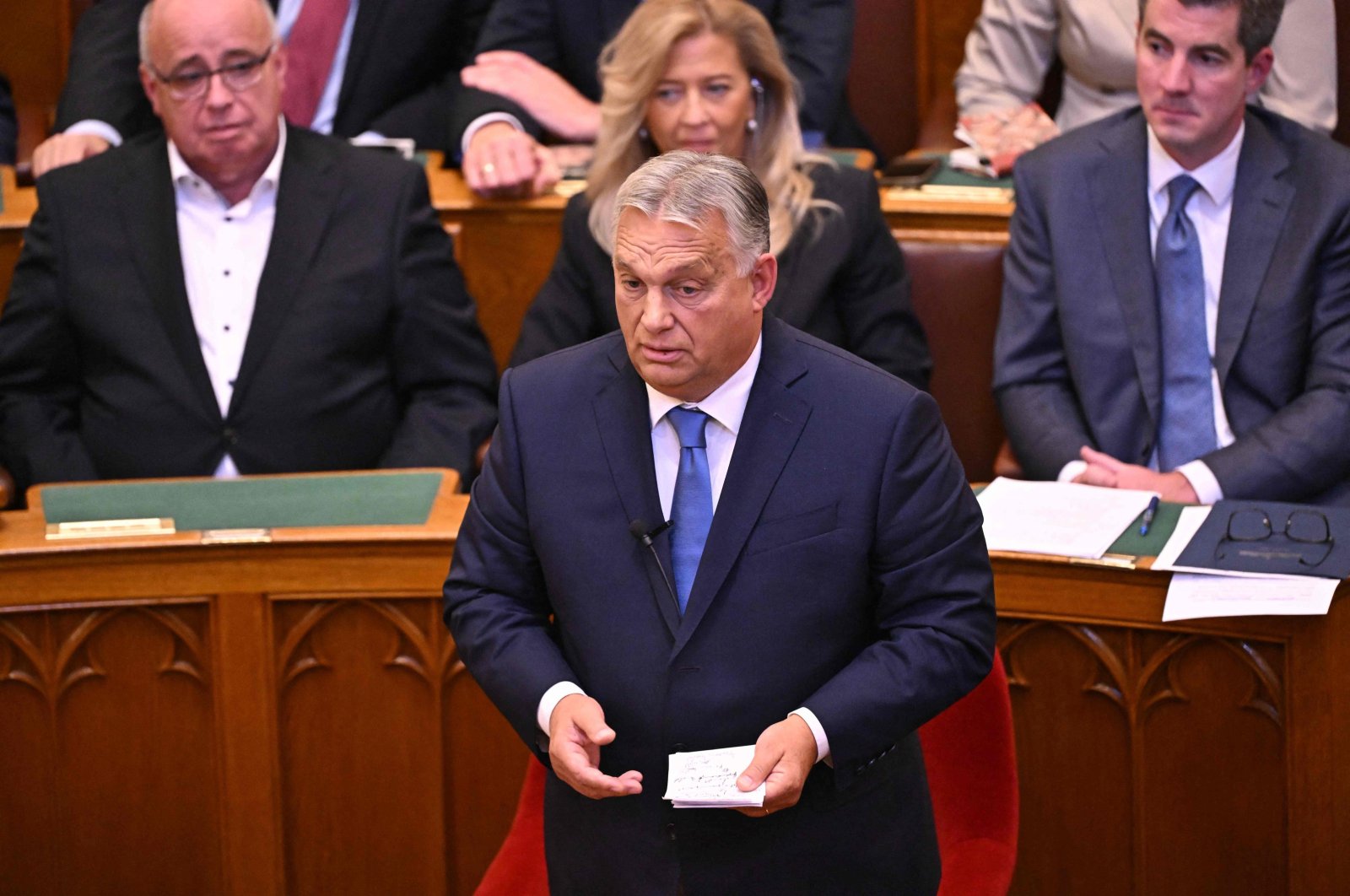 Prime Minister Viktor Orban answers to the opposition members at the main hall of the Hungarian parliament as delegates open their parliamentary season, in Budapest, Hungary on Sept. 25, 2023. (AFP Photo)