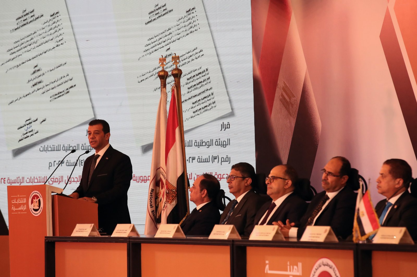 Judge Walid Hamza, the head of Egypt’s National Election Authority (NEA) addresses the media during a press conference for the 2024 Egyptian Presidential Elections at the Cairo International Convention Center in Cairo, Egypt, Sept. 25, 2023. (EPA Photo)