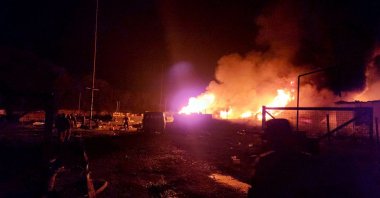 A view of the fire at the fuel depot after the blast, in Khankendi, Azerbaijan, Sept. 25, 2023. (AFP Photo)