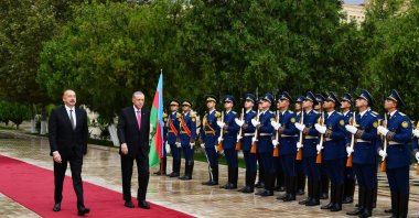 Azerbaijan President Ilham Aliyev (L) and President Recep Tayyip Erdoğan (C) inspect the honor guard during his visit to Nakhchivan Autonomous Republic, Azerbaijan, Sept. 25, 2023. (EPA Photo)