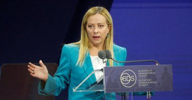 Italian Prime Minister Giorgia Meloni speaks during the Budapest Demographic Summit in Budapest, Hungary, Sept. 14, 2023. (Reuters Photo)
