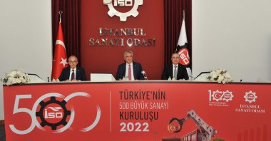 Istanbul Chamber of Industry (ISO) Chairperson Erdal Bahçıvan (C) during a news conference announcing the results of the “Türkiye’s Top 500 Industrial Enterprises” survey, Istanbul, Türkiye, Sept. 26, 2023. (DHA Photo)