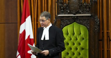 The Speaker of the House of Commons Anthony Rota delivers a speech following an address by Ukrainian President Volodymyr Zelenskyy in the House of Commons on Parliament Hill in Ottawa on Friday, Sept. 22, 2023. (AP Photo)