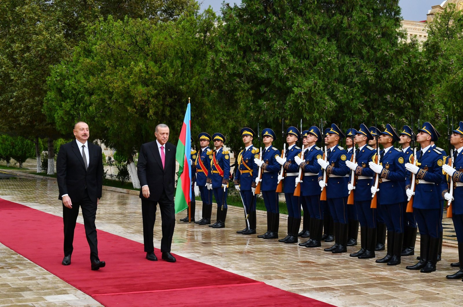 Azerbaijan President Ilham Aliyev (L) and President Recep Tayyip Erdoğan (C) inspect the honor guard during his visit to Nakhchivan Autonomous Republic, Azerbaijan, Sept. 25, 2023. (EPA Photo)