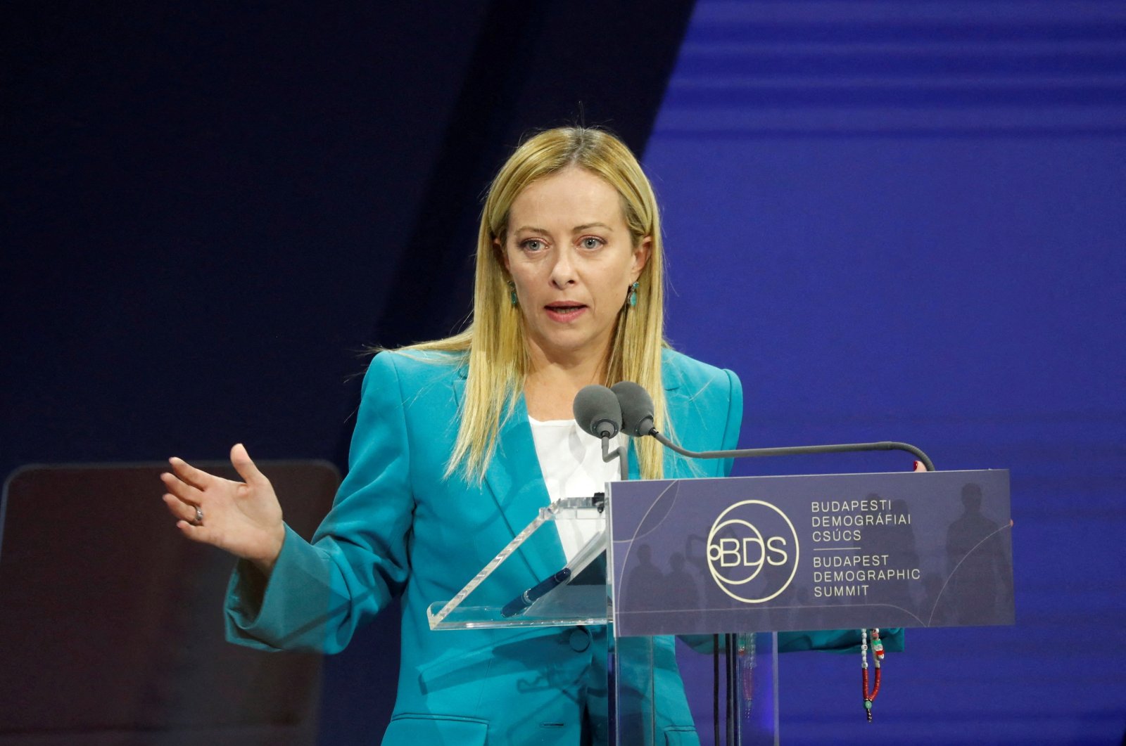 Italian Prime Minister Giorgia Meloni speaks during the Budapest Demographic Summit in Budapest, Hungary, Sept. 14, 2023. (Reuters Photo)