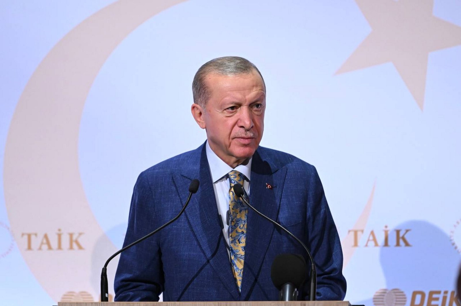 President Recep Tayyip Erdoğan delivers a speech during a business event in New York, U.S., Sept. 21, 2023. (AA Photo)