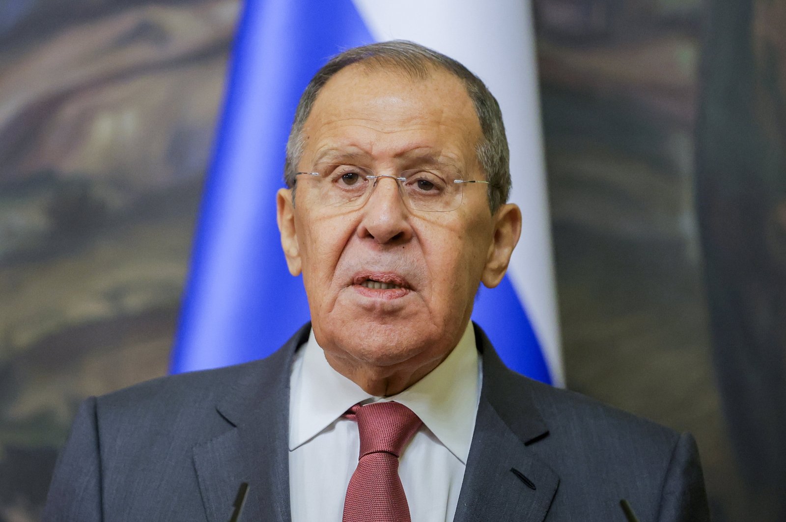Russian Foreign Minister Sergey Lavrov attends a joint news conference with Tunisian counterpart Nabil Ammar (not pictured) during their meeting in Moscow, Russia, Sept. 26, 2023.  (EPA Photo)