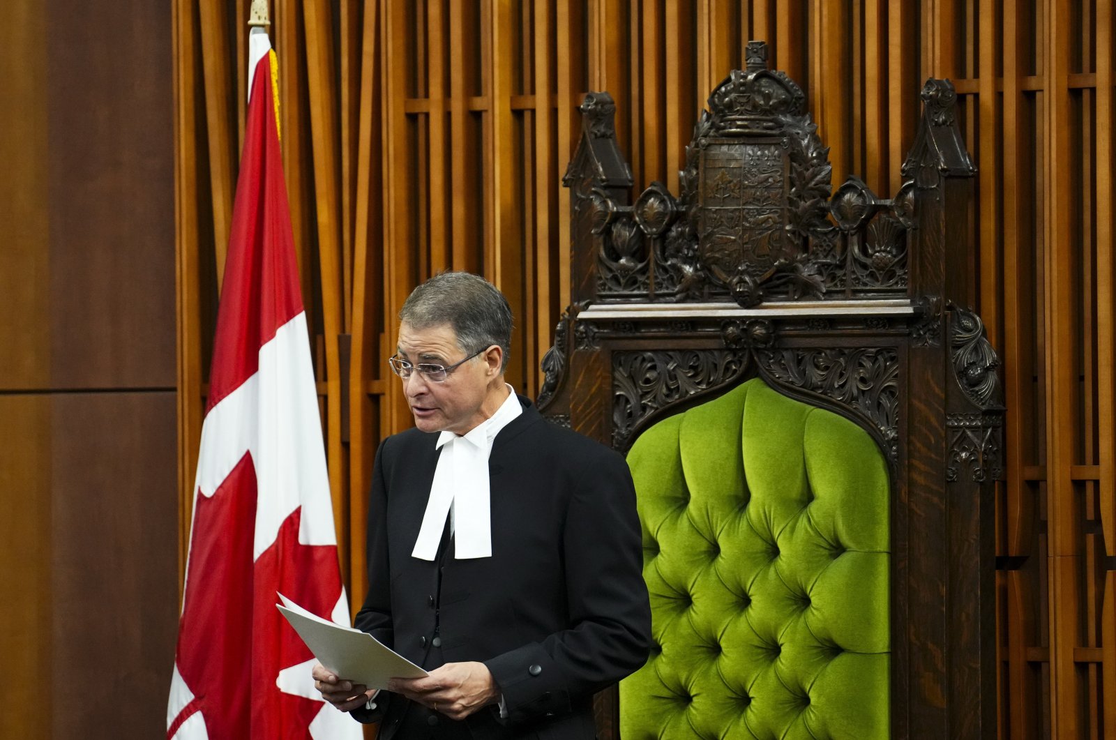 The Speaker of the House of Commons Anthony Rota delivers a speech following an address by Ukrainian President Volodymyr Zelenskyy in the House of Commons on Parliament Hill in Ottawa on Friday, Sept. 22, 2023. (AP Photo)