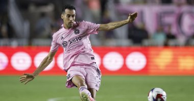 Inter Miami's Sergio Busquets passes the ball in the first half during a match between Nashville SC and Inter Miami CF at DRV PNK Stadium, Miami, US., Aug. 30, 2023. (AFP Photo)