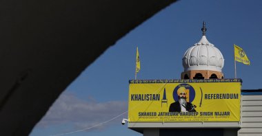 A banner with the image of Sikh leader Hardeep Singh Nijjar is seen at the Guru Nanak Sikh Gurdwara temple, in Surrey, British Columbia, Canada, Sept. 20, 2023. (Reuters Photo)