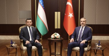 Foreign Minister Hakan Fidan (R) hosts Uzbek Foreign Minister Bakhtiyor Saidov, in the capital Ankara, Türkiye, Sept. 27, 2023. (AA Photo)