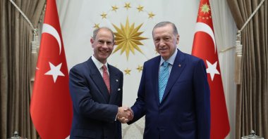 President Recep Tayyip Erdoğan and Prince Edward shake hands at the Presidential Complex in Ankara, Sept. 27, 2023. (AA Photo)