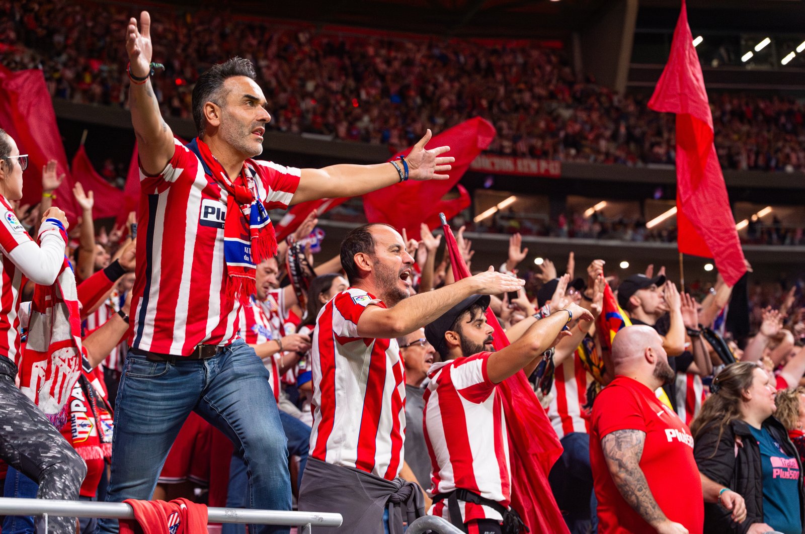 Atletico Madrid fans seen cheering during the La Liga football match between Atletico Madrid and Real Madrid at Cívitas Metropolitano, Madrid, Spain, Sept. 24, 2023. (Getty Images Photo)