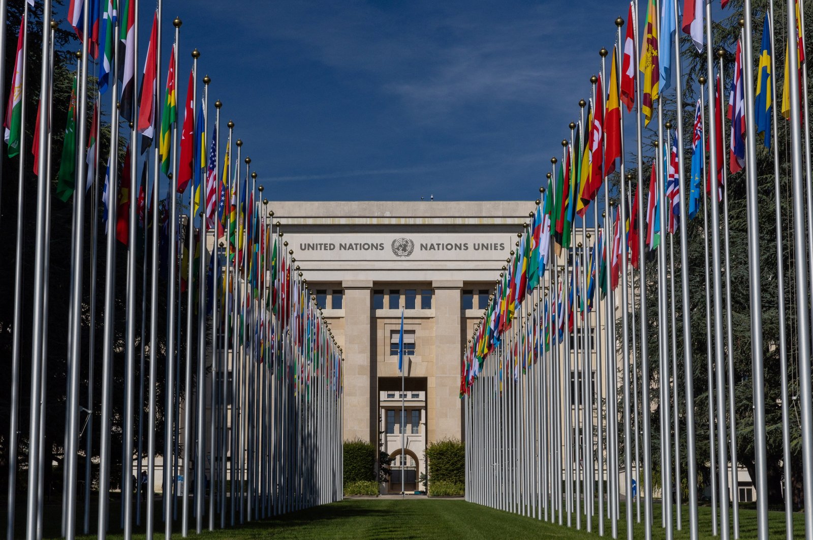 The flag alley at the United Nations European headquarters is seen during the Human Rights Council in Geneva, Switzerland, Sept. 11, 2023. (Reuters Photo)