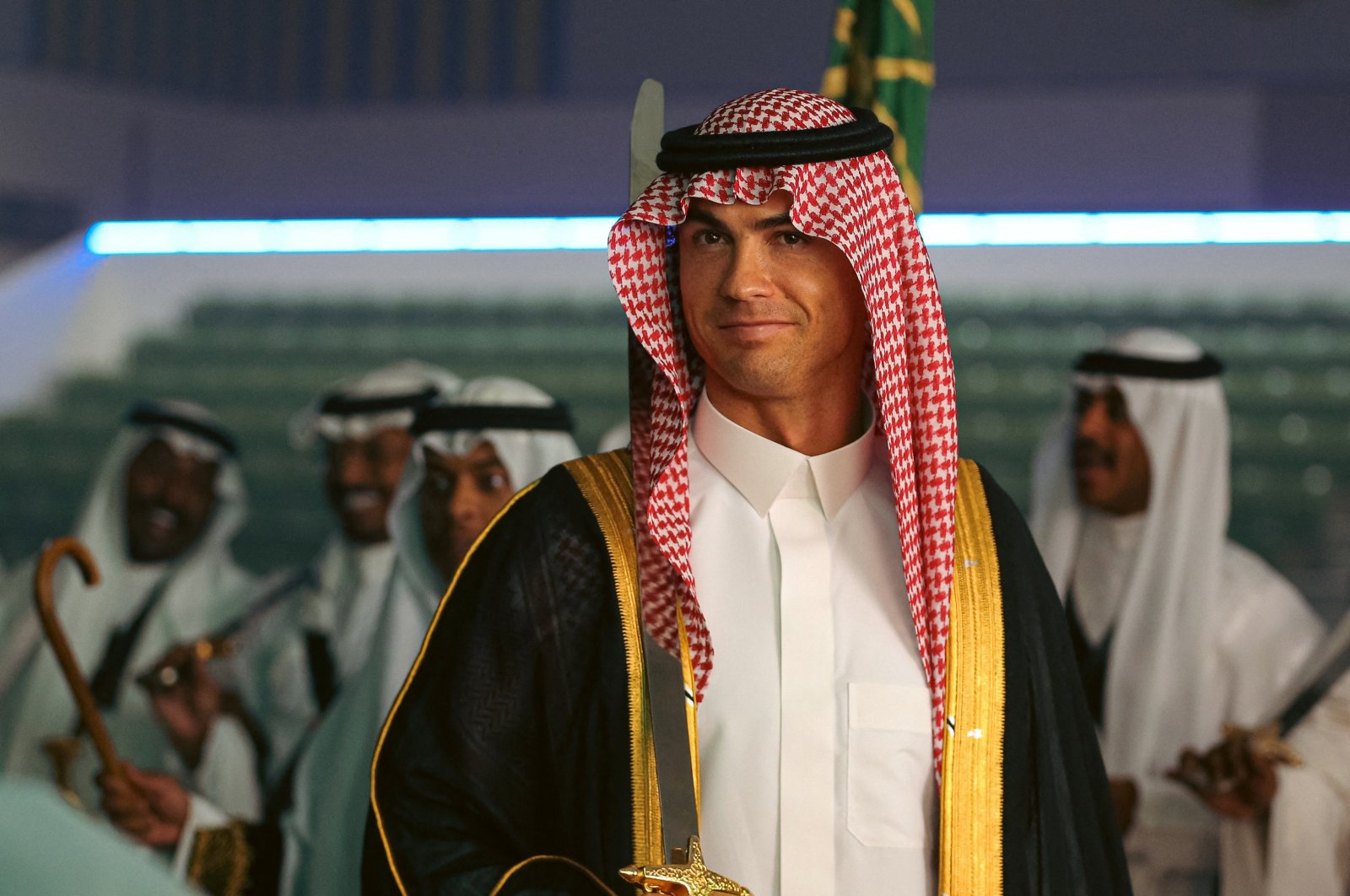 Portuguese forward Cristiano Ronaldo in traditional clothing during a ceremony marking Saudi Arabia&#039;s national day, Riyadh, Saudi Arabia, Sept. 23, 2023. (AFP Photo)