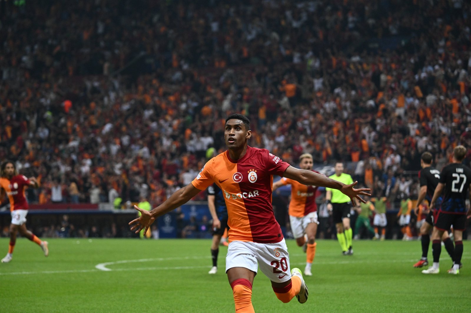 Galatasaray&#039;s Tete celebrates after scoring against Copenhagen during the UCL match at RAMS Park, Istanbul, Türkiye, Sept. 20, 2023. (AA Photo)