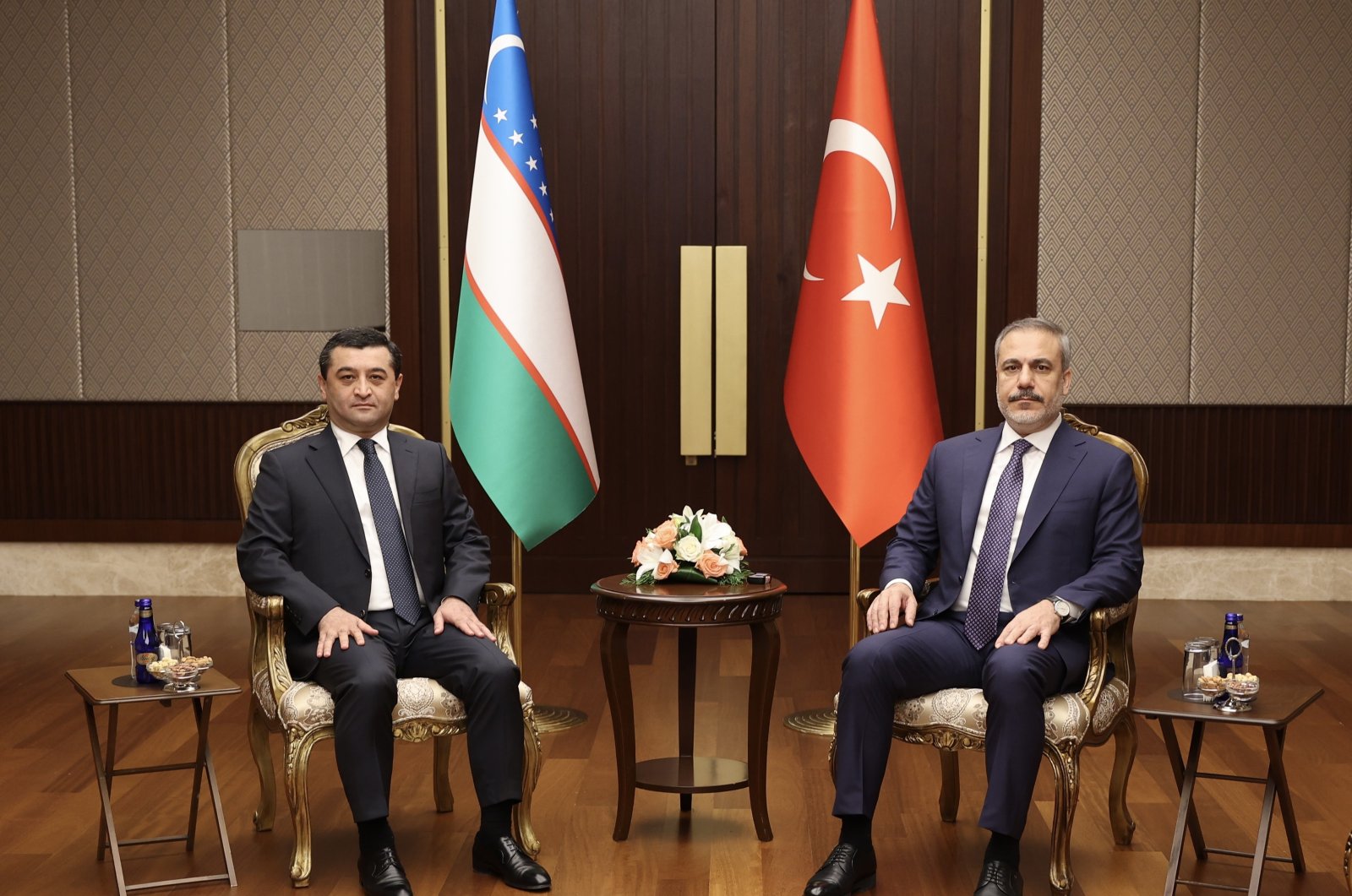 Foreign Minister Hakan Fidan (R) hosts Uzbek Foreign Minister Bakhtiyor Saidov, in the capital Ankara, Türkiye, Sept. 27, 2023. (AA Photo)