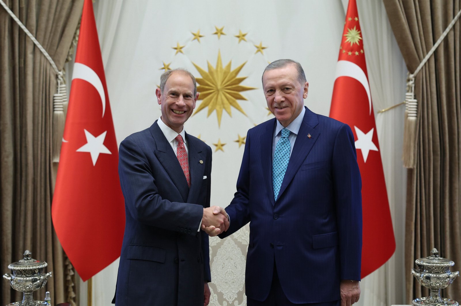 President Recep Tayyip Erdoğan and Prince Edward shake hands at the Presidential Complex in Ankara, Sept. 27, 2023. (AA Photo)