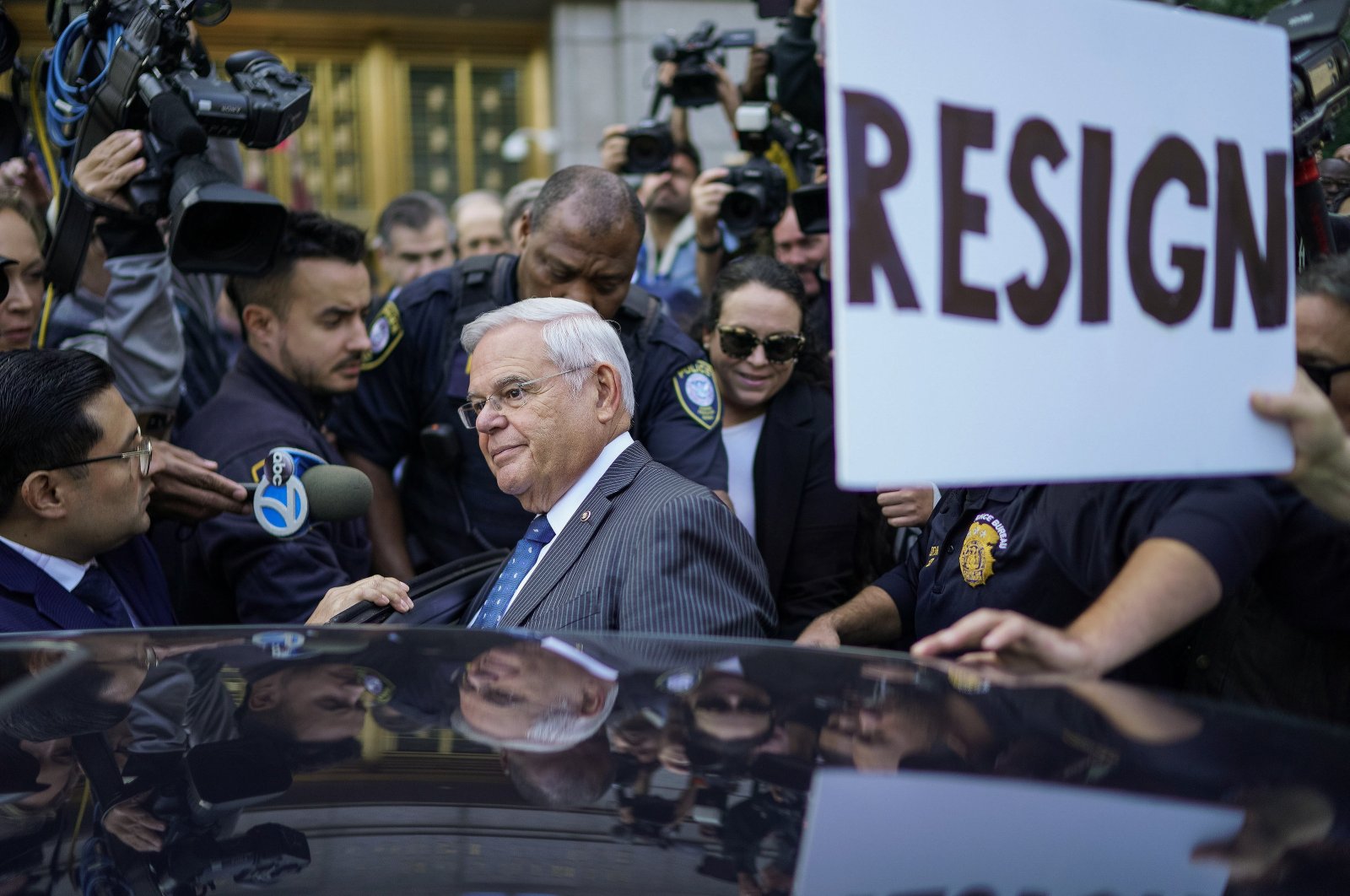 Democratic Senator from New Jersey Bob Menendez (C) exits the U.S. federal court after a hearing following his indictment this week on bribery charges in New York, Sept. 27, 2023. (EPA Photo)