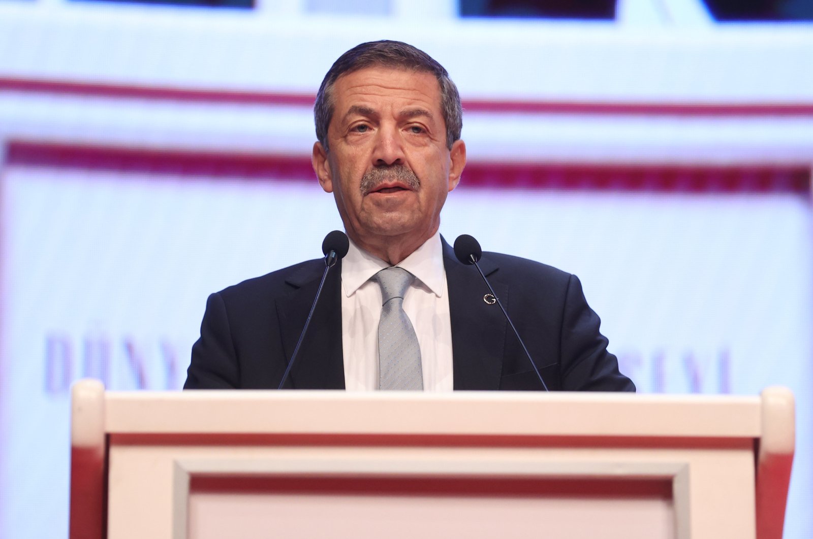 TRNC Foreign Minister Tahsin Ertuğruloğlu speaks at a conference in Istanbul, Sept. 16, 2023. (AA File Photo)
