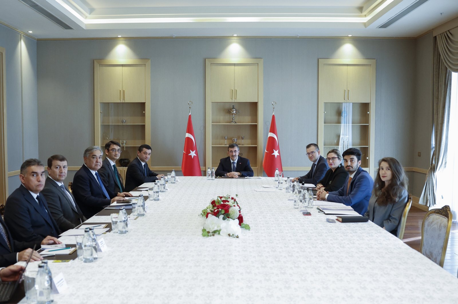 Vice President Cevdet Yılmaz, at a meeting with Uzbek Foreign Minister Bakhtiyar Saidov and his delegation in Ankara, Sept. 27, 2023. (AA Photo)